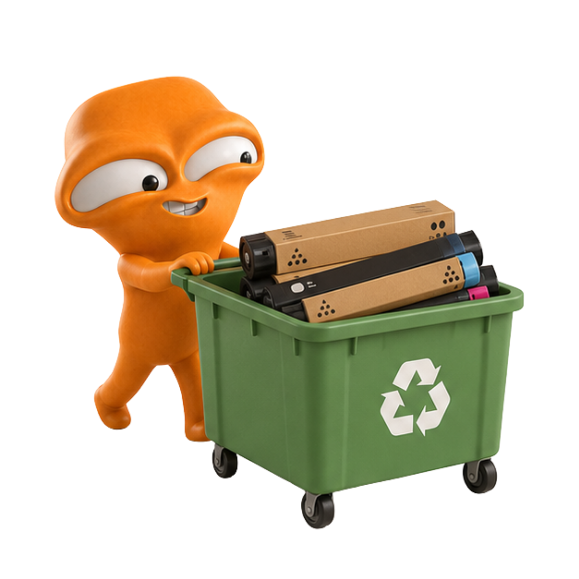 綠在 mascot 推著回收箱收走碳粉墨盒